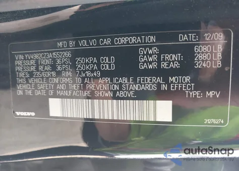 2010 Volvo Xc90 3.2 from USA, damaged, VIN YV4982CZ3A1552266